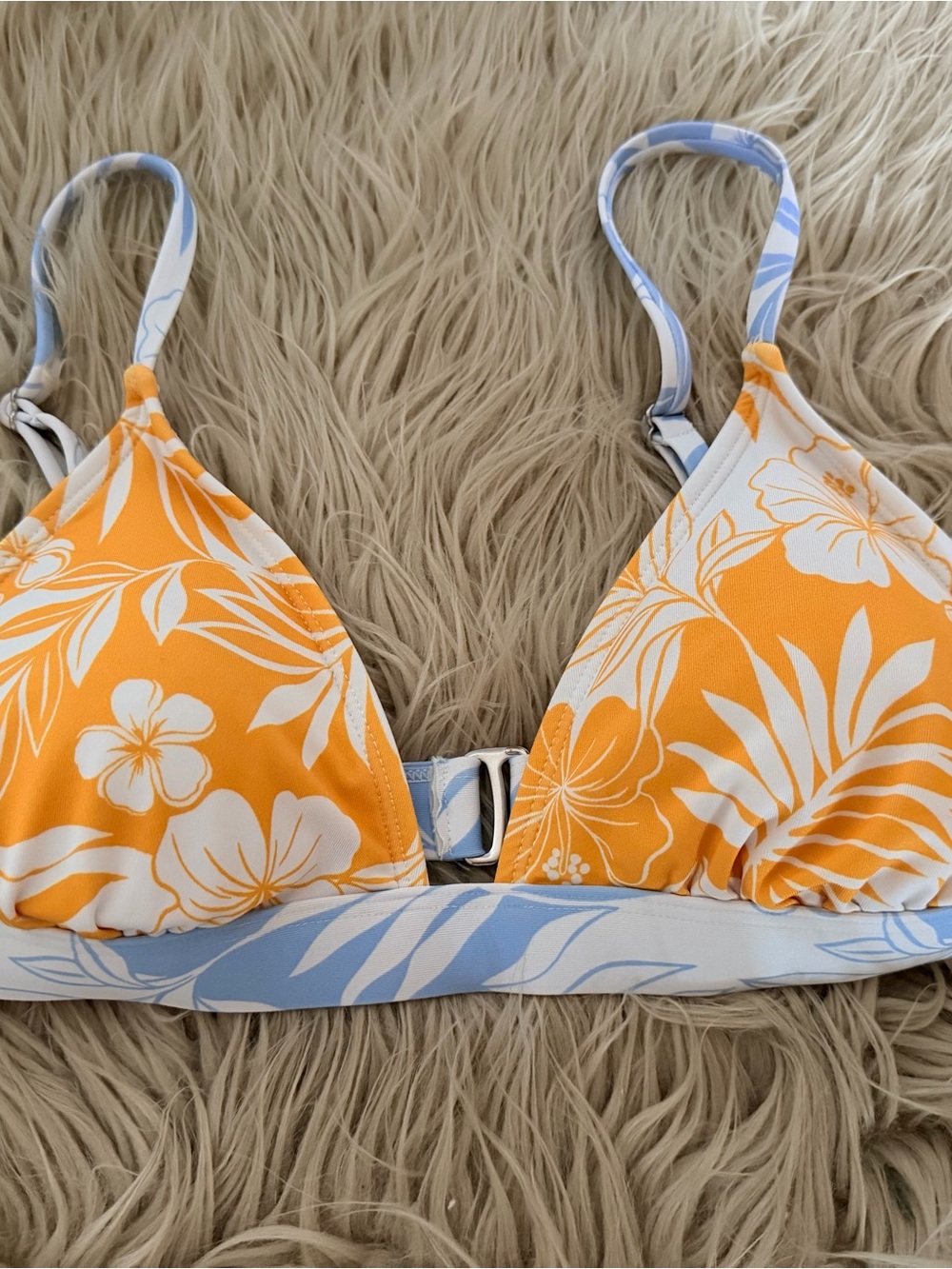Hurley Orange & White Floral Triangle Bikini Top with Blue Accents